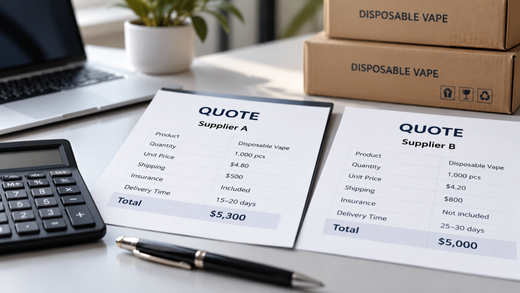 Two sample wholesale vape quotations comparing unit price, shipping, insurance and delivery time